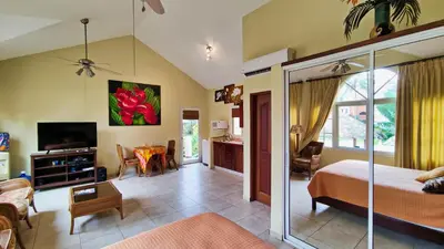 a bedroom with a bed and a living room at Ocean Dream 1st See Line Studio in Cabarete