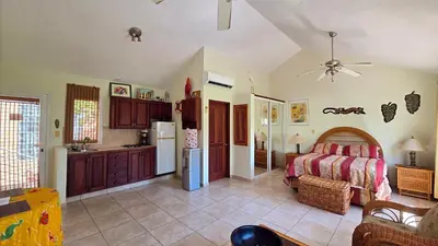 a living room with a bed and a kitchen at Ocean Dream 1st See Line Studio in Cabarete