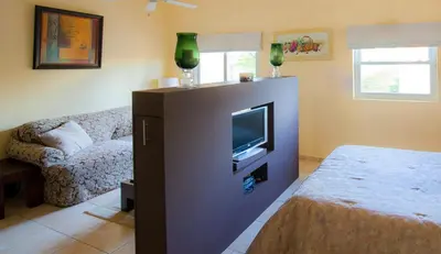 a living room with a tv and a couch at Ocean Dream High Ceiling Studio w/balcony in Cabarete