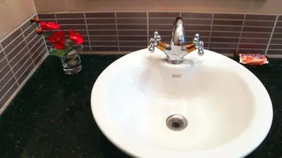 a white sink in a bathroom with red roses at Ocean Dream 2bdr/2bth Ground floor in Cabarete