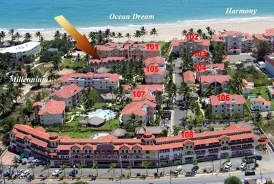 an aerial view of a resort on the beach at Ocean Dream Artist Loft 1st See Line in Cabarete
