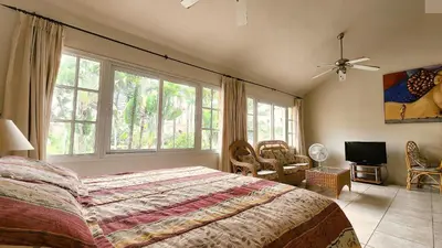 a bedroom with a bed and a large window at Ocean Dream Artist Loft 1st See Line in Cabarete