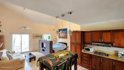 a living room with a kitchen and a room with a couch at Ocean Dream top floor Studio with balcony in Cabarete
