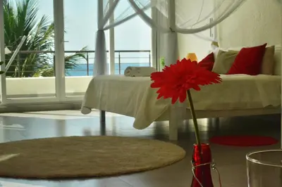 a red flower in a red vase in a room at Infiniti Blu Luxury Ocean Front Condos in Sosúa