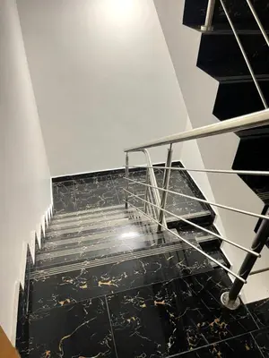 a staircase with a metal railing and black tiles at Residencial christall ap 2-A in Santiago de los Caballeros