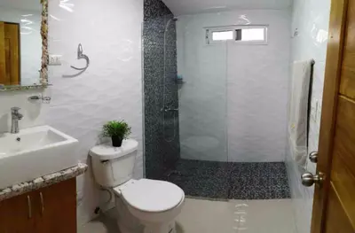 a bathroom with a toilet and a shower and a sink at Fully Equipped New 2br Apt-dt2mins To The Beach in Sosúa