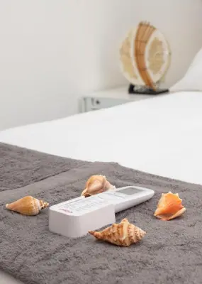 a remote control sitting on a bed with some leaves at Central 1bd and Bth with common Picuzzi in Sosúa