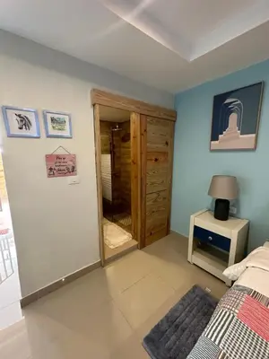 a bedroom with a bed and a door to a closet at Noe Hotel , One Bed Room Close to The beach Room #1 in Punta Cana
