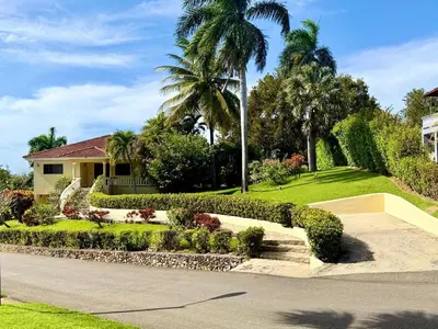 a house with a palm tree and a garden at Hispaniola 3 bed, 3 bath Villa with pool & jacuzzi in Sosúa