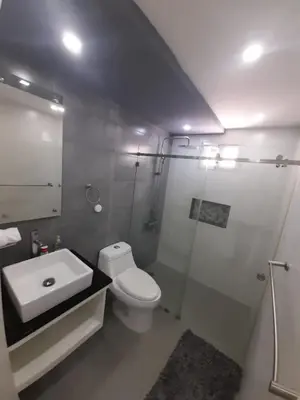 a bathroom with a toilet and a sink and a shower at Hermoso apartamento Residencial madera I in Santiago de los Caballeros