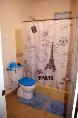 a bathroom with a toilet and a shower curtain at Alojamiento Wilkenia in Ochoa