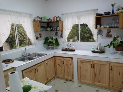 a kitchen with wooden cabinets and a sink and two windows at Alojamiento Wilkenia in Ochoa