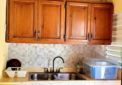 a kitchen counter with a sink and wooden cabinets at La Casita de Mary in Santa Cruz de Barahona