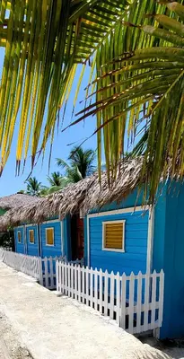 a blue building with a straw roof and a white fence at La Casita de Mary in Santa Cruz de Barahona