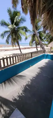 a blue fence next to a beach with palm trees at La Casita de Mary in Santa Cruz de Barahona