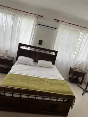 a bedroom with a large bed and two windows at Villa La Esperanza in Nizao