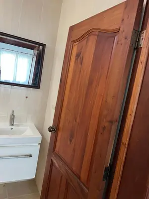a bathroom with a wooden door next to a sink at Villa La Esperanza in Nizao