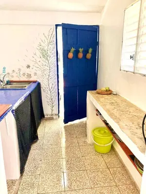 a kitchen with a blue door and a yellow bucket at Local vacation beach house in Santa Cruz de Barahona