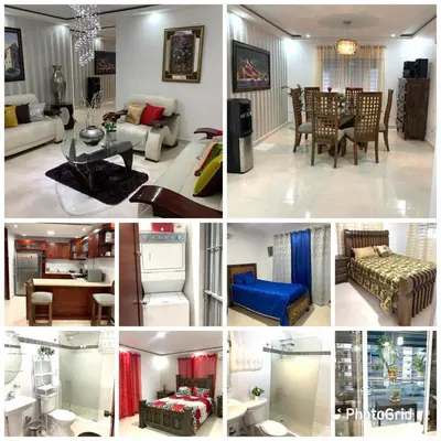 a collage of photos of a living room and a kitchen at Caribean Dreams Apartement Beautiful Pool and Gym in Santiago de los Caballeros