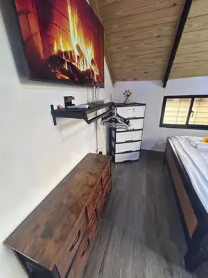 a bedroom with a bed and a desk with a fireplace at Lovely tiny studio in Jarabacoa
