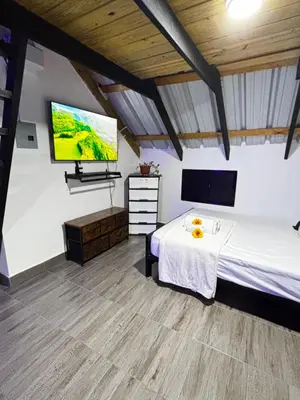 a bedroom with a bed and a flat screen tv at Lovely tiny studio in Jarabacoa