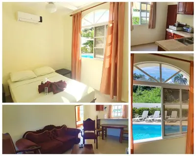 a collage of three pictures of a room with a bed and a table at Costambar in San Felipe de Puerto Plata