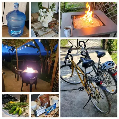 a collage of pictures with a bike and a fire pit at Apartamento los 3B in Manabao