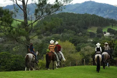 a group of people riding horses on a hill at Peace By The River in Jarabacoa