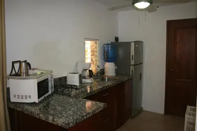 a kitchen with a counter with a microwave and a refrigerator at Costambar Tropical Garden in San Felipe de Puerto Plata