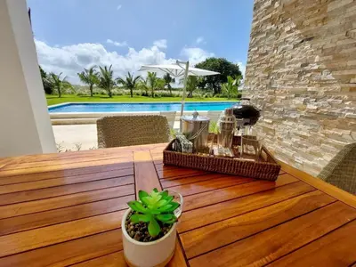 a wooden table with a plant on top of it at Spectacular Apto Pool Golf View in Hard Rock Golf in Punta Cana