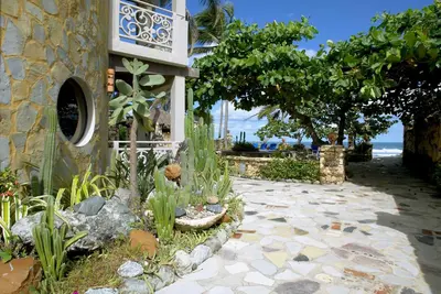 a garden with plants and a walkway next to a building at El Magnifico in Cabarete