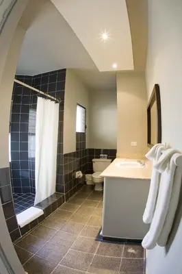 a bathroom with a shower and a sink and a toilet at El Magnifico in Cabarete