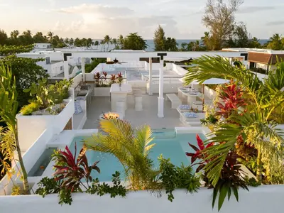an aerial view of a resort with a pool and plants at New Beachfront Penthouse in Las Terrenas