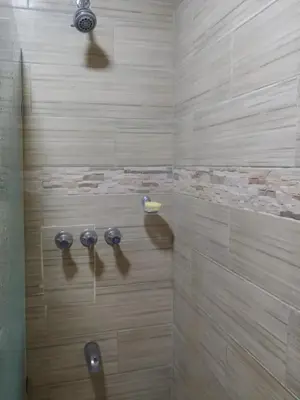 a bathroom with a shower with wooden walls at Dominican Suite 2, Increíble apto. cama king (DS2) in San Felipe de Puerto Plata