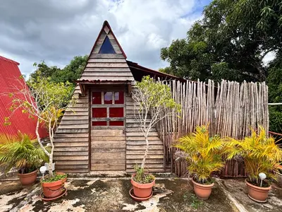 a small house with plants in front of a fence at Tinyhouse samaná