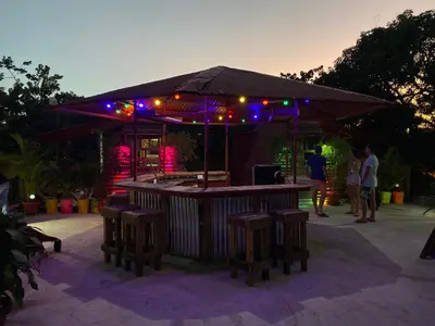 a bar with purple lights and people standing around it at Tinyhouse samaná