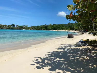 a beach with a motorcycle parked on the sand at Tinyhouse samaná