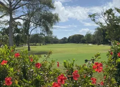 a view of a golf course with flowers at Luxury apto 3 rooms+pool+ campo de golf. Cocotal in Punta Cana