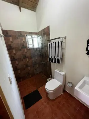 a bathroom with a toilet and a shower and a sink at Hacienda Claro de Luna 3 Bedrooms in Jarabacoa