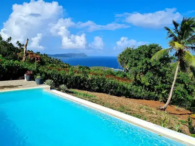 a swimming pool with a view of the ocean at Villa del Mar in Punta Balandra