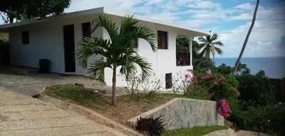 a white house with a palm tree in front of the ocean at Bungalow de Ballenas in Punta Balandra