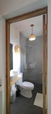 a bathroom with a toilet and a sink and a shower at Kite House Cabarete across Kite Beach in Cabarete