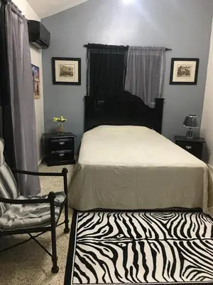 a bedroom with a zebra print bed and a chair at Hacienda de Flores in Guayacanes