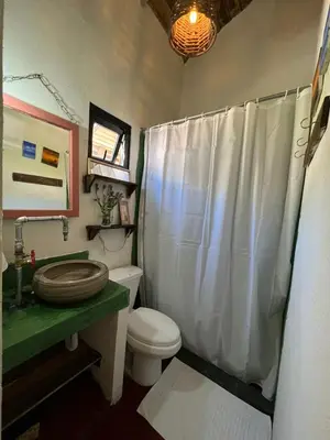 a bathroom with a toilet and a shower curtain at La Casita de Charo 1, disfruta de tiempo memorable en la montaña in Constanza