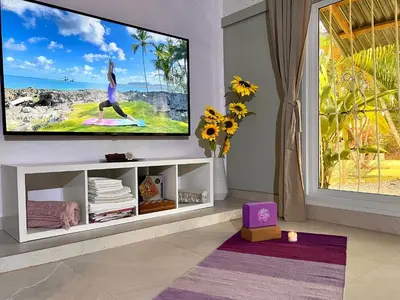 a living room with a flat screen tv on a wall at PETRAKl HOMES in Las Galeras