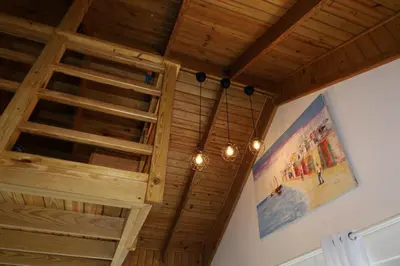 a room with a wooden vaulted ceiling with lights at Paraiso Bayahibe by Mireya in Bayahibe