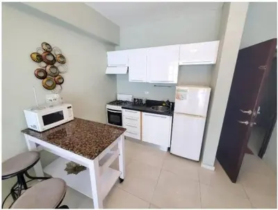 a small kitchen with white appliances and a counter top at Lincoln Suite Pool - Gym - Sauna in Santo Domingo