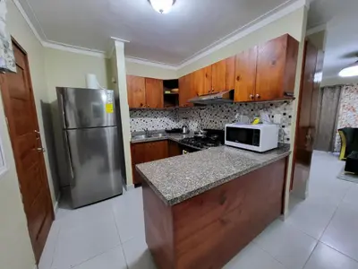a kitchen with a refrigerator and a counter with a microwave at Hermoso y comodo apartamento in Santiago de los Caballeros