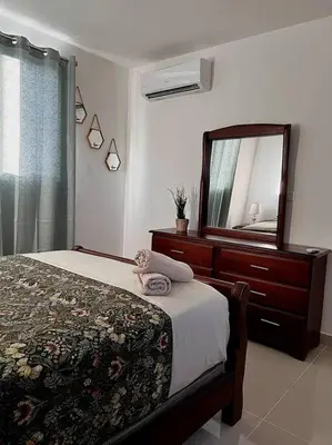 a bedroom with a bed with a dresser and a mirror at Magnificent Pent House w/Jacuzzi in Santiago de los Caballeros