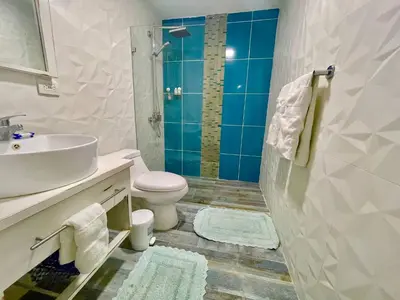 a bathroom with a sink and a toilet and a shower at 2 Bedroom At The Marbella Towers Beachfront in Juan Pedro